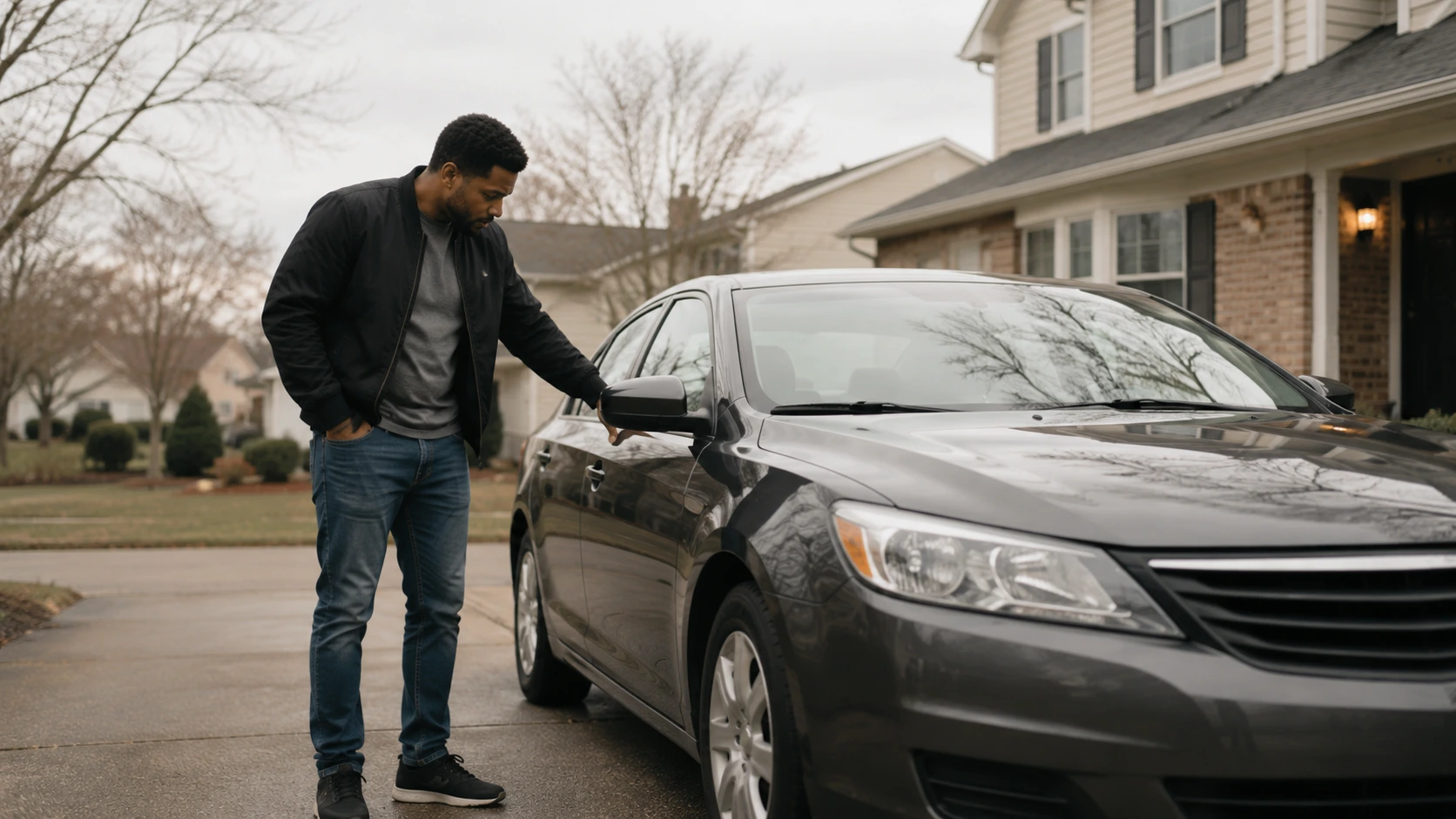 A driver in casual clothing looking over a mainstream mid-size sedan in a driveway on an overcast afternoon, checking it before a test drive.