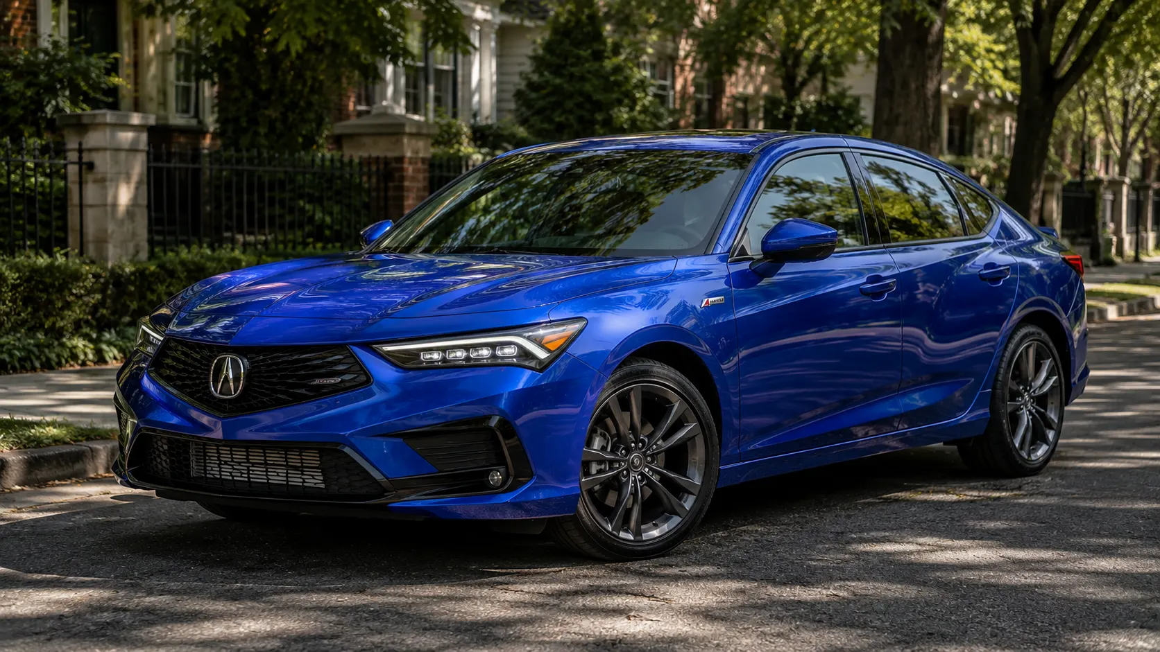 A blue 2026 Acura Integra liftback parked on a tree-lined street in dappled afternoon light, shot candidly at a three-quarter angle.