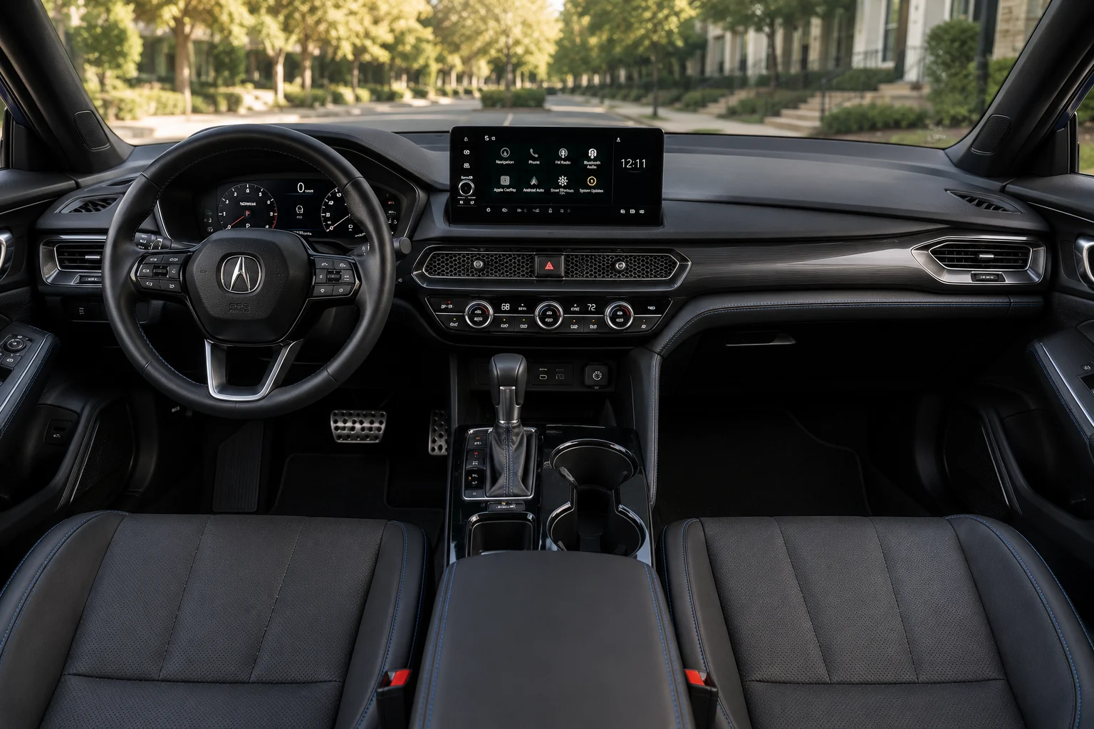 The upscale dashboard and touchscreen of an Acura Integra, lit by natural daylight.