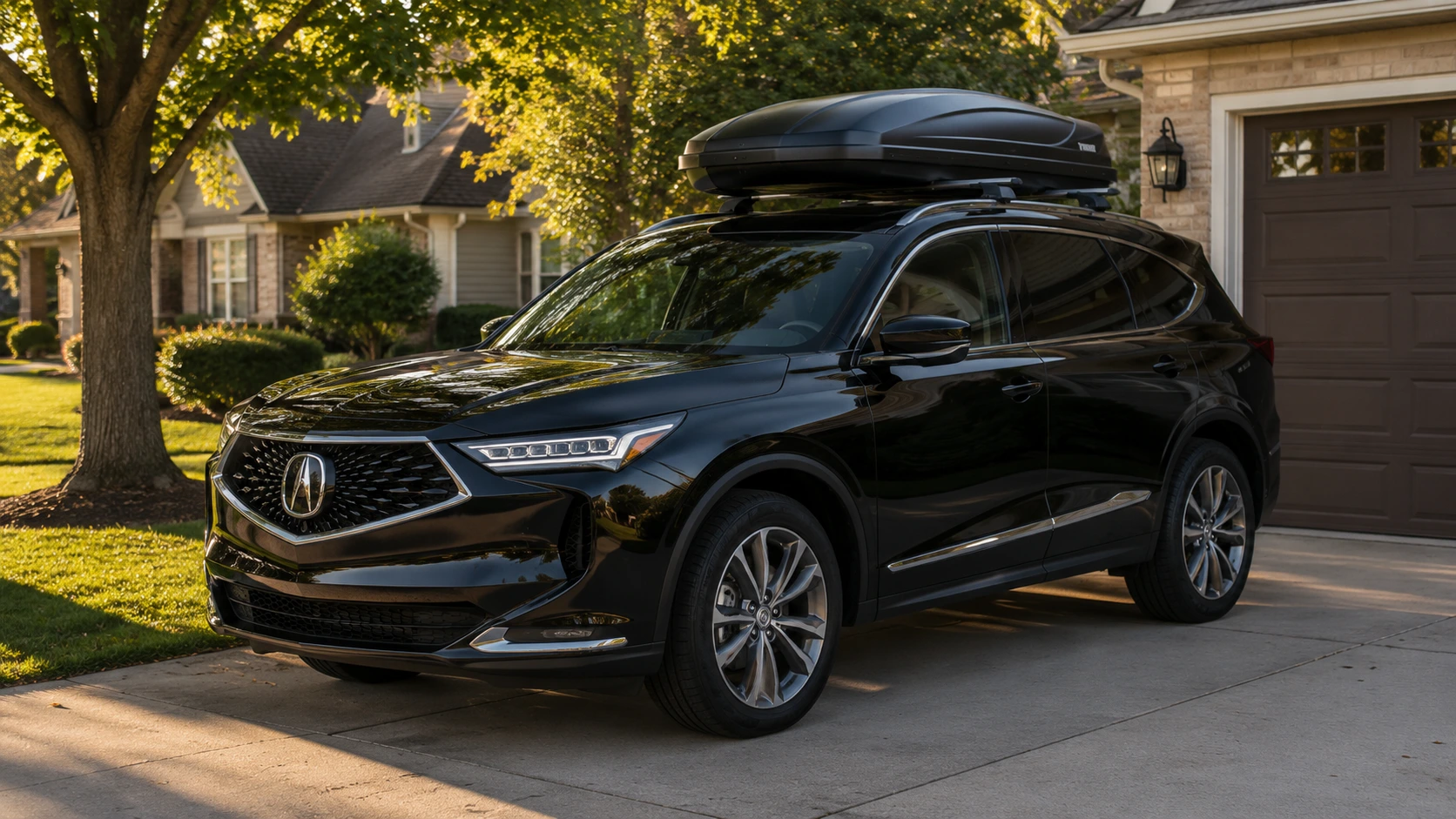 A black 2026 Acura MDX parked in a suburban driveway with a roof-mounted cargo box, shot candidly in late-afternoon light.