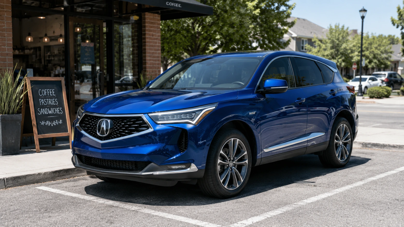 A blue 2026 Acura RDX parked outside a suburban coffee shop in bright midday daylight, shot candidly.