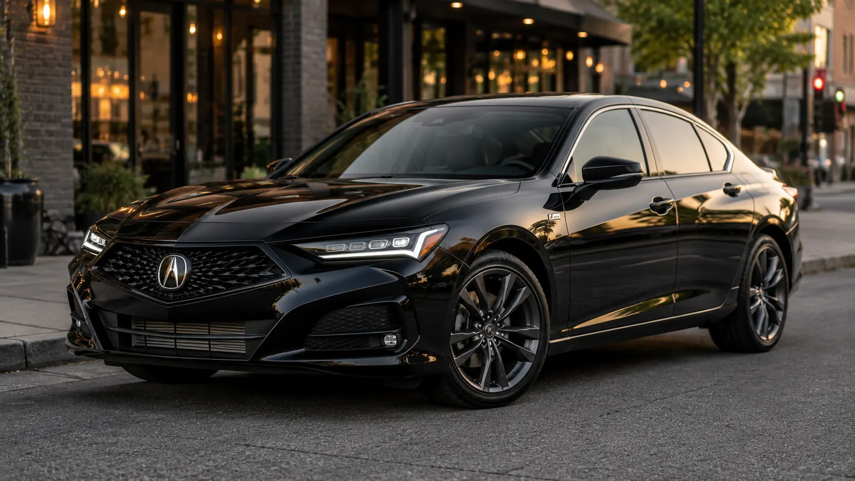 A black Acura TLX luxury sedan parked on a city street in soft evening light, shot candidly at a three-quarter angle.