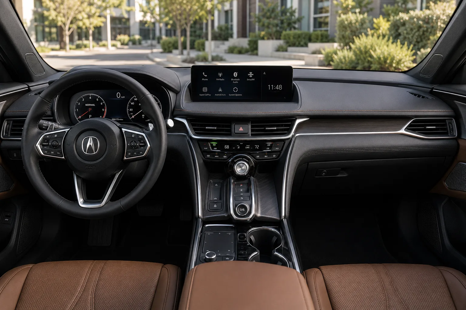 The upscale dashboard and touchscreen of an Acura TLX, lit by natural daylight.