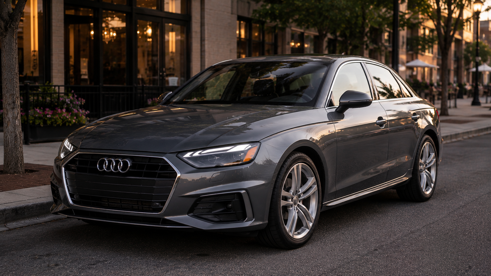 A gray Audi A4 sedan parked on a city street in soft evening light, shot candidly at a three-quarter angle.