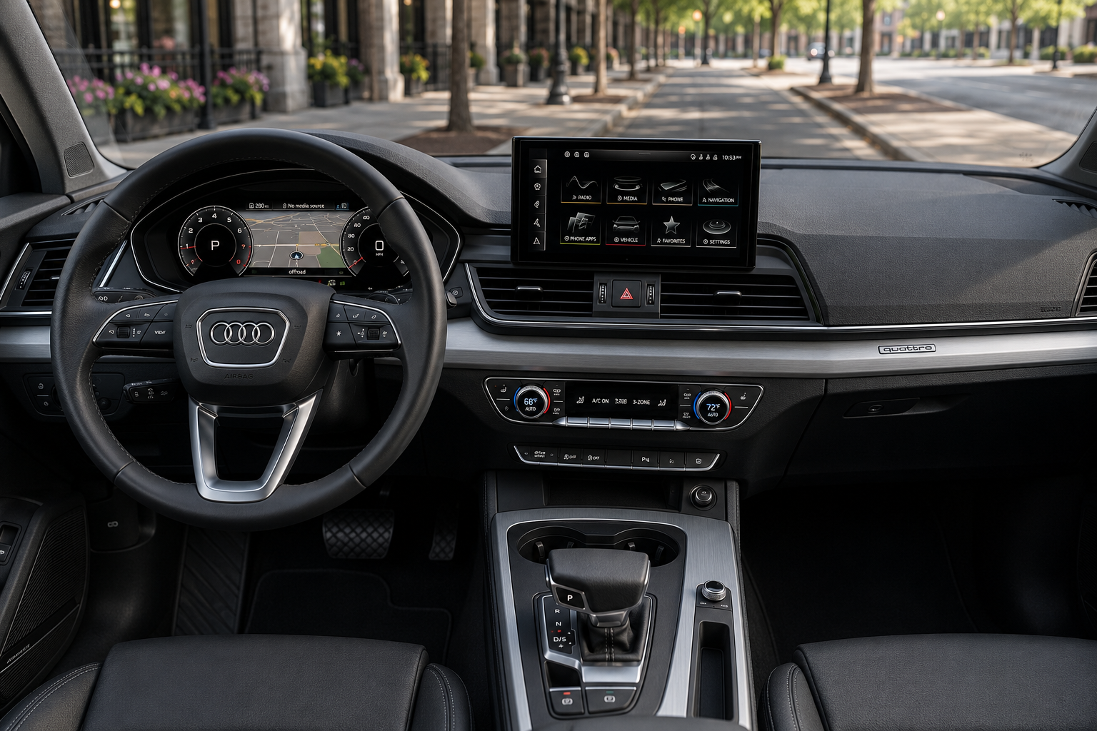 The virtual cockpit and MMI touchscreen of an Audi A4, lit by natural daylight.