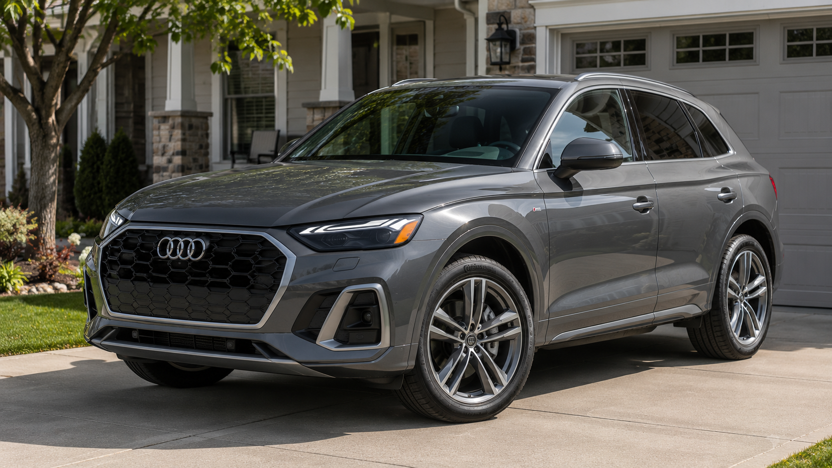 A gray 2026 Audi Q5 crossover parked in a suburban driveway in daylight, shot candidly at a three-quarter angle.