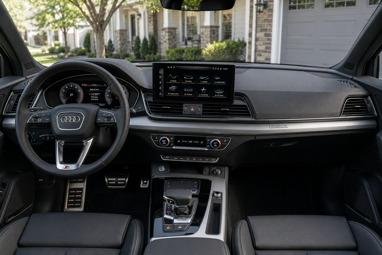 The virtual cockpit and MMI touchscreen of an Audi Q5, lit by natural daylight.