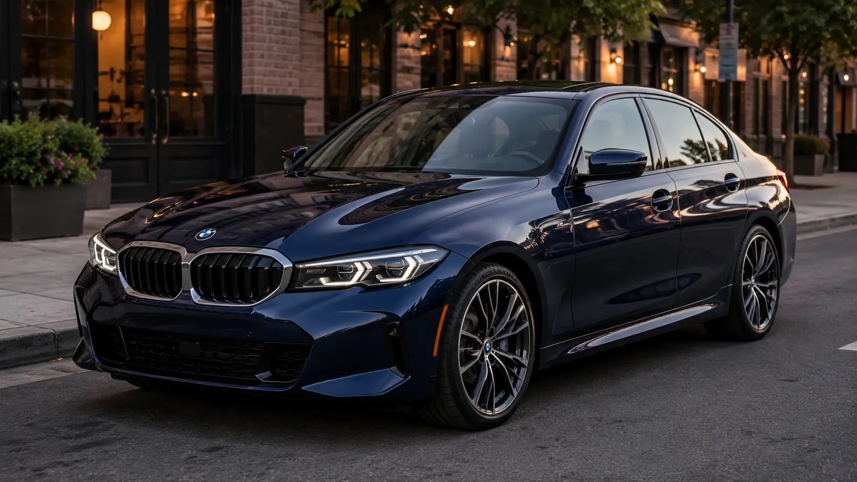 A dark blue 2026 BMW 3 Series sedan parked on a city street in soft evening light, shot candidly at a three-quarter angle.