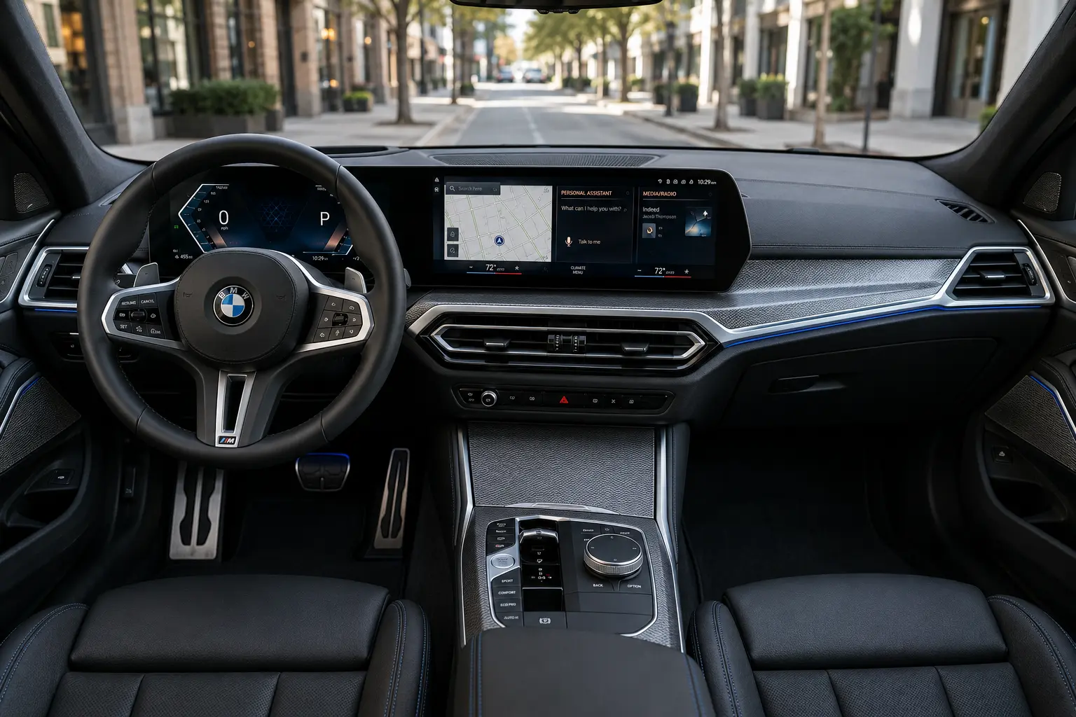 The Curved Display dashboard and iDrive 8.5 system of a BMW 3 Series, lit by natural daylight.