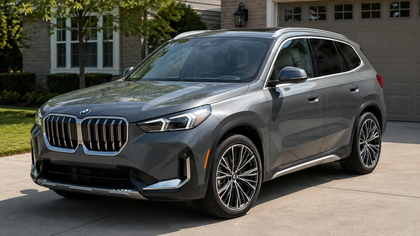 A gray 2026 BMW X1 crossover parked in a suburban driveway in daylight, shot candidly at a three-quarter angle.