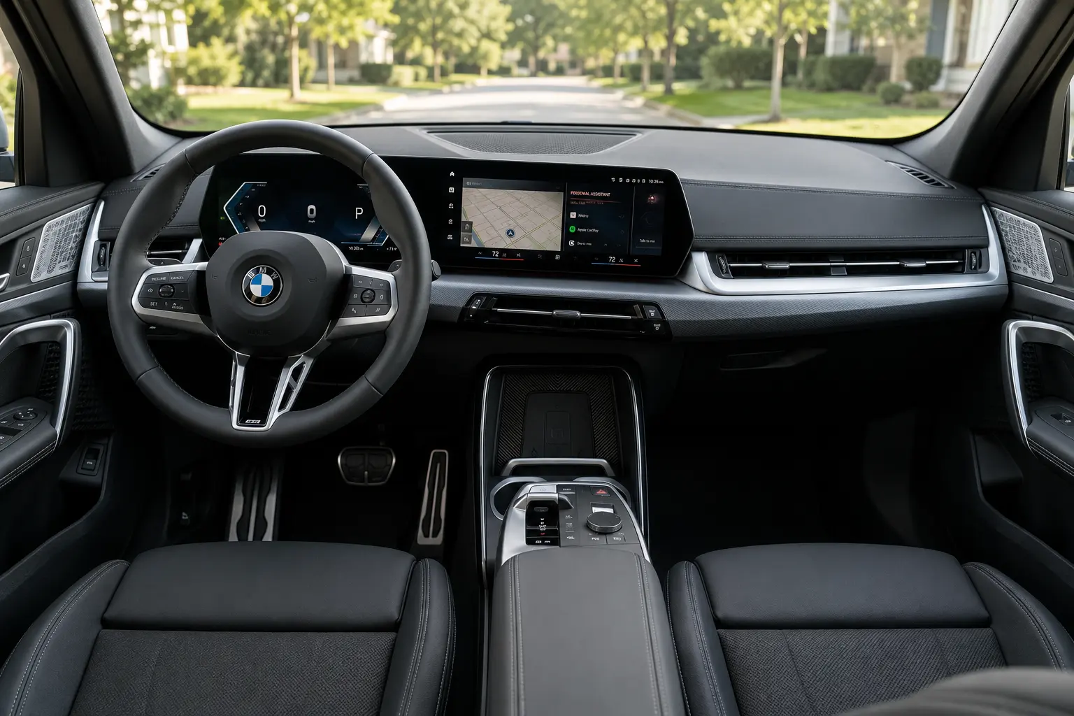 The Curved Display dashboard and iDrive touchscreen of a BMW X1, lit by natural daylight.