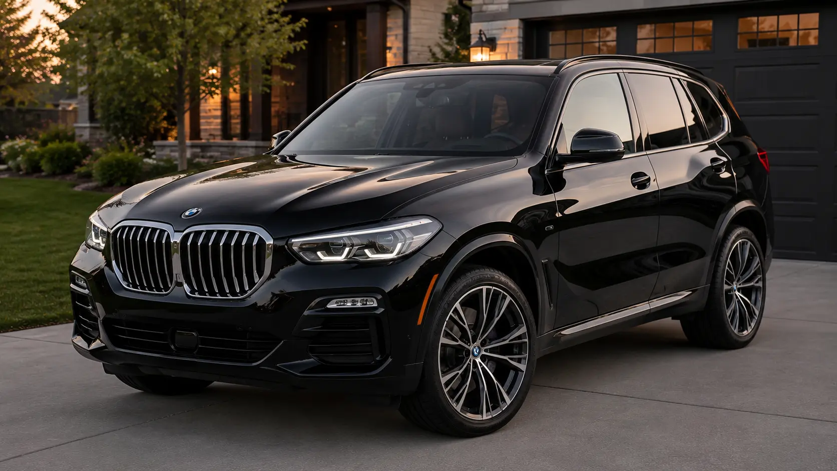 A black 2026 BMW X5 luxury SUV parked in a driveway in soft evening light, shot candidly at a three-quarter angle.