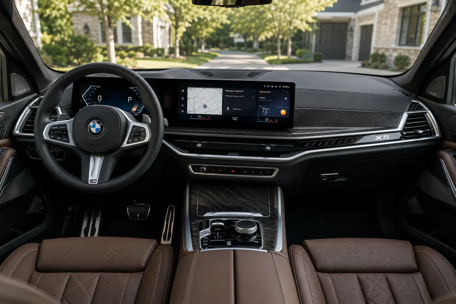 The upscale dashboard and iDrive 8.5 display of a BMW X5, lit by natural daylight.