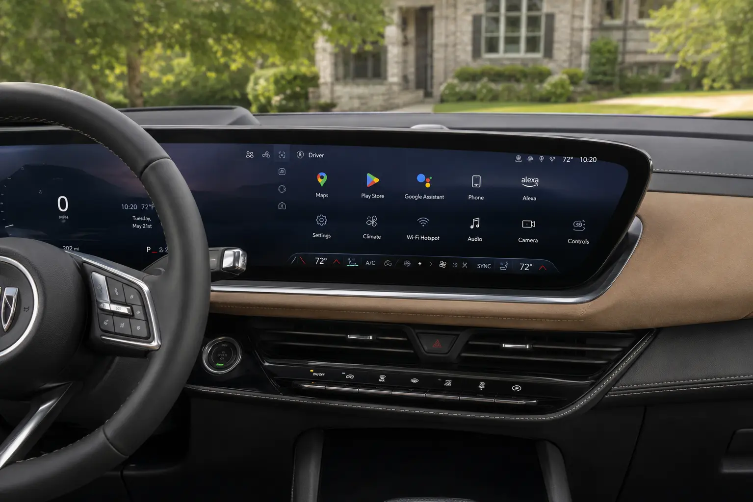 The 30-inch Google-built-in display of a Buick Envision, lit by natural daylight.