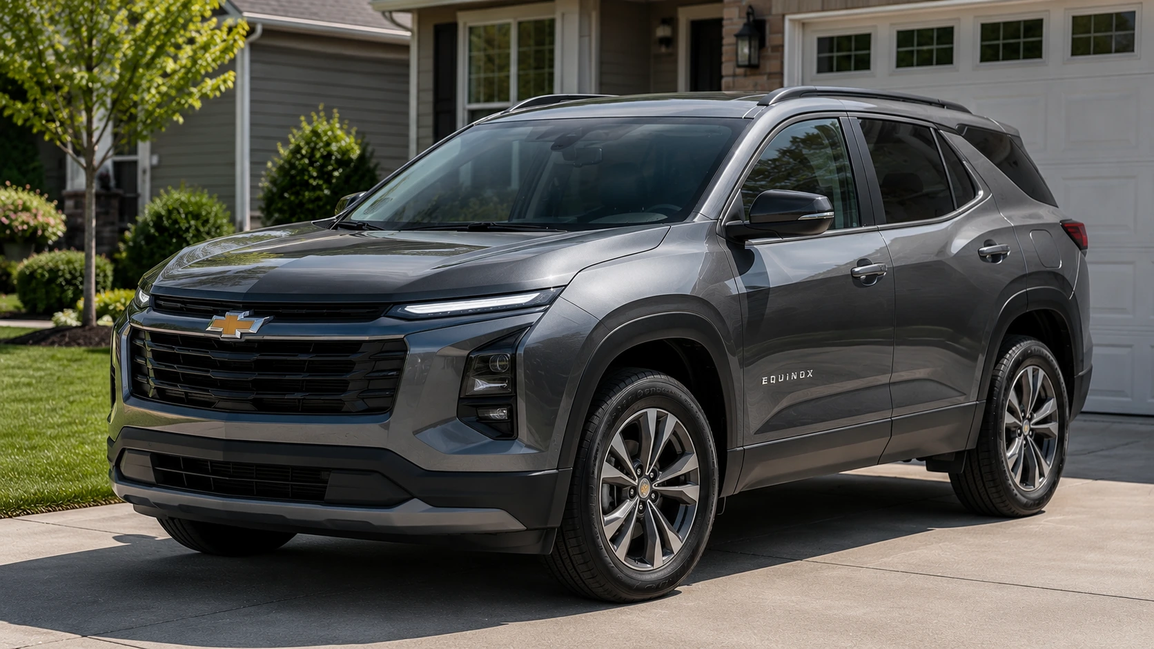 A gray 2026 Chevrolet Equinox crossover parked in a suburban driveway in daylight, shot candidly at a three-quarter angle.