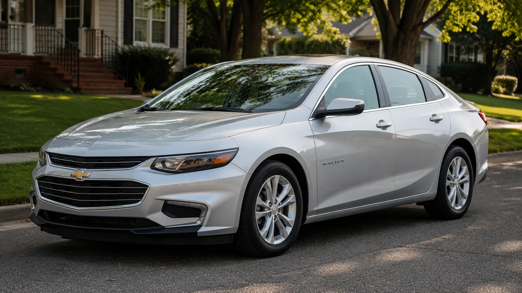A silver Chevrolet Malibu sedan parked on a suburban street in soft afternoon light, shot candidly at a three-quarter angle.