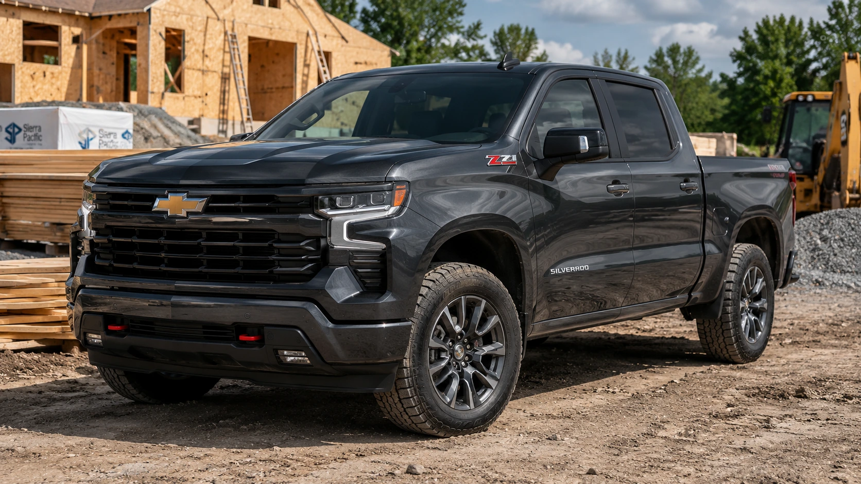 A dark gray 2026 Chevrolet Silverado 1500 pickup truck parked at a job site in daylight, shot candidly at a three-quarter angle.