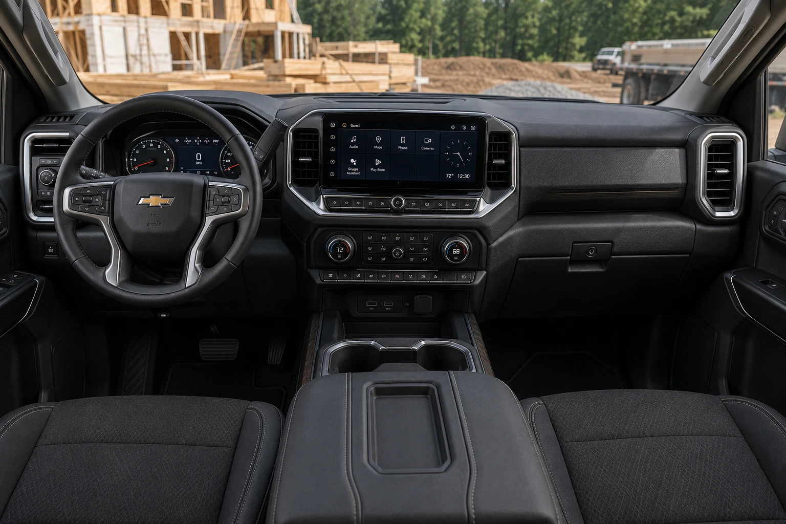 The dashboard and touchscreen of a Chevrolet Silverado 1500 crew cab, lit by natural daylight.