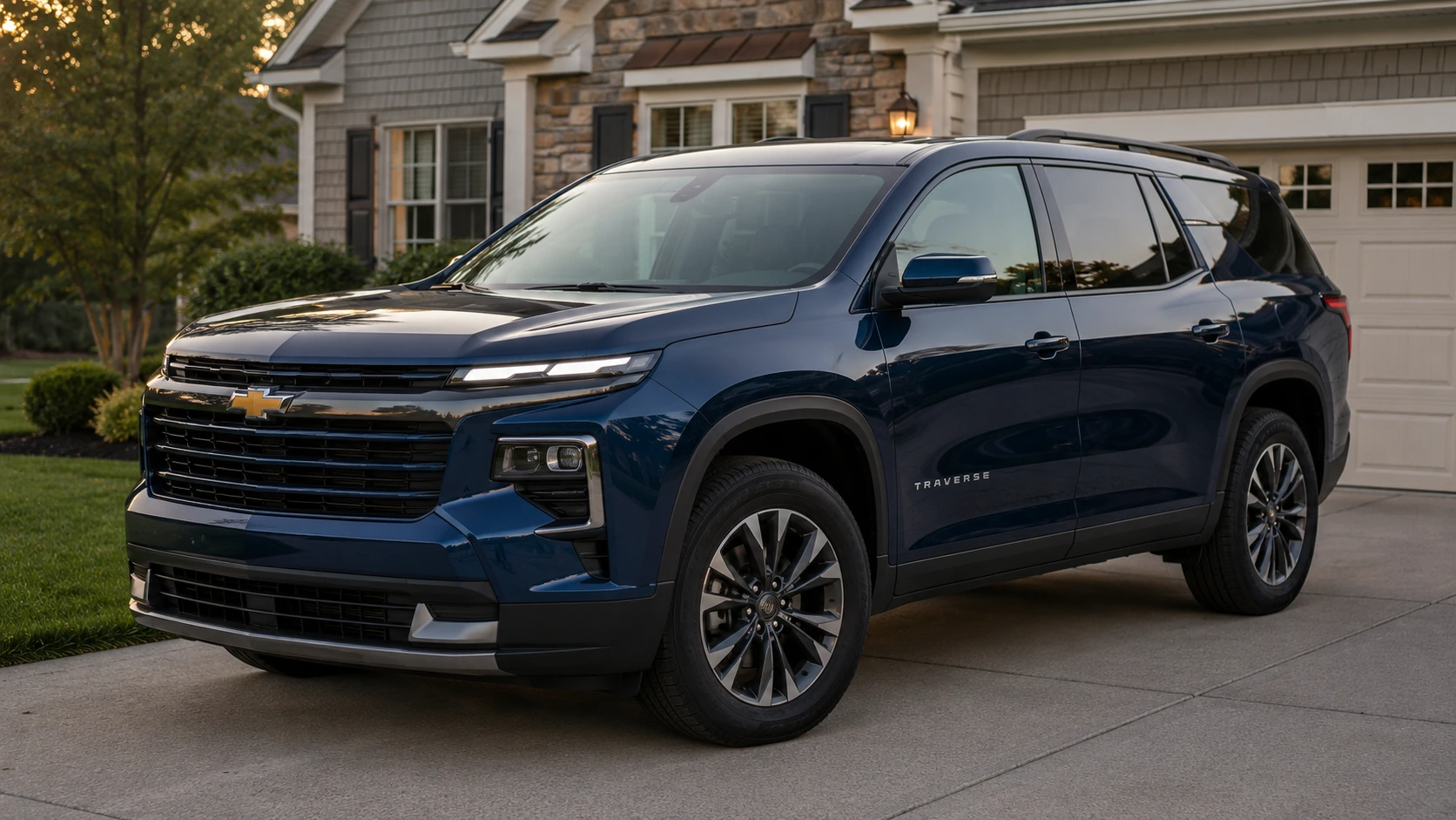 A dark blue 2026 Chevrolet Traverse 3-row SUV parked in a suburban driveway in soft evening light, shot candidly at a three-quarter angle.