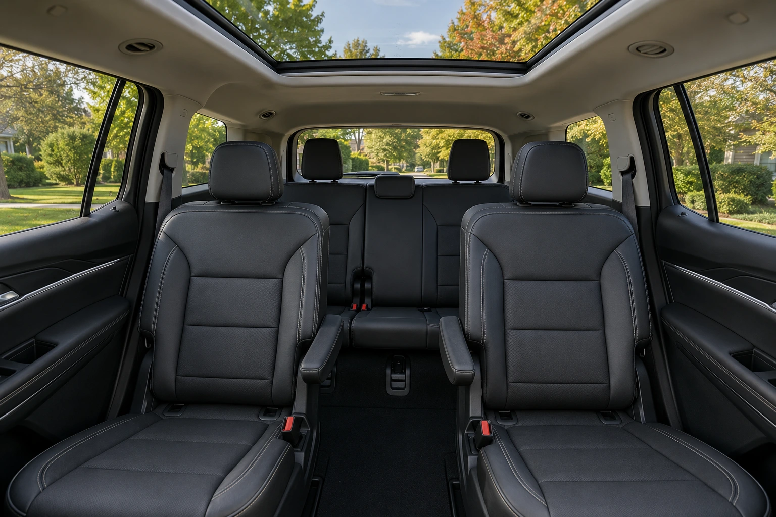 The three-row interior of a Chevrolet Traverse, lit by natural daylight through the panoramic sunroof.