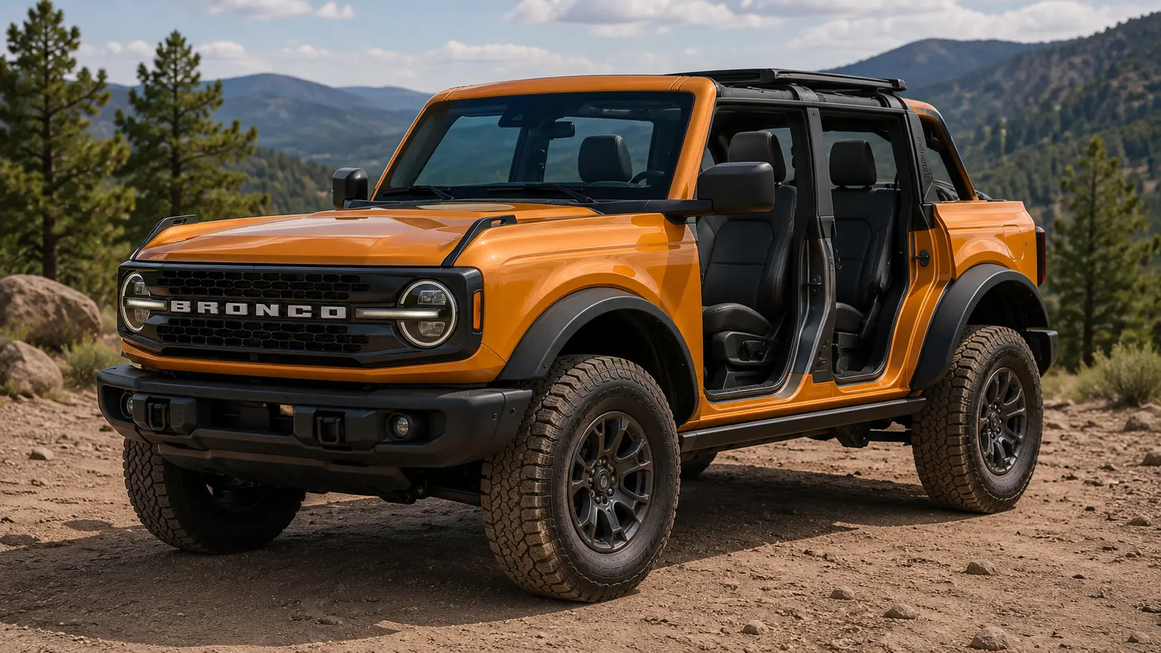 An orange 2026 Ford Bronco SUV with the doors removed, parked on a dirt trail in daylight, shot candidly at a three-quarter angle.