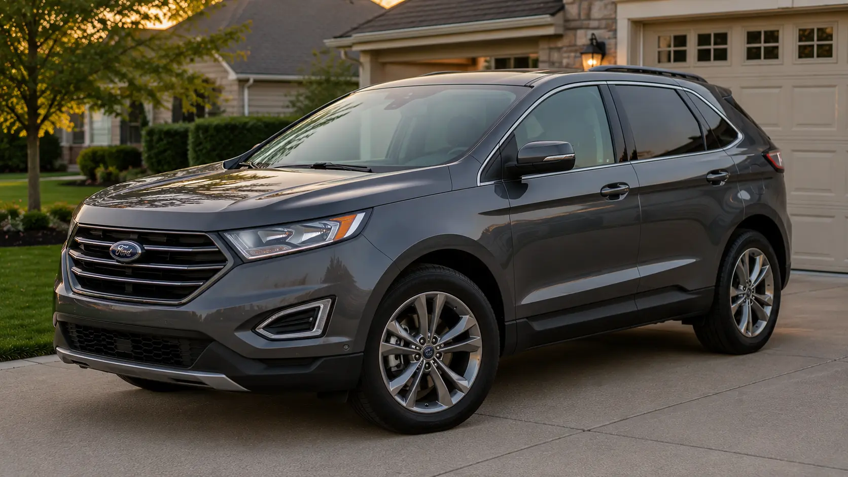 A gray Ford Edge midsize SUV parked in a suburban driveway in soft evening light, shot candidly at a three-quarter angle.