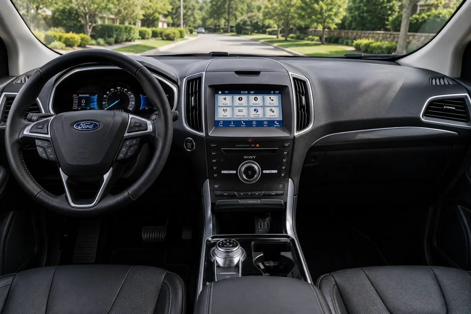 The dashboard and touchscreen of a Ford Edge, lit by natural daylight.