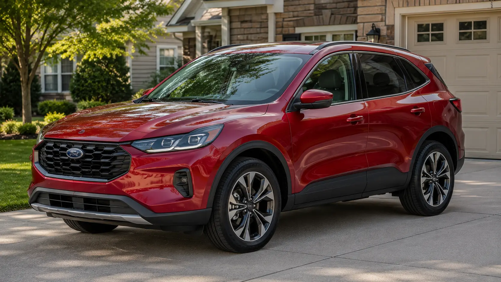 A red 2026 Ford Escape crossover parked in a suburban driveway in daylight, shot candidly at a three-quarter angle.