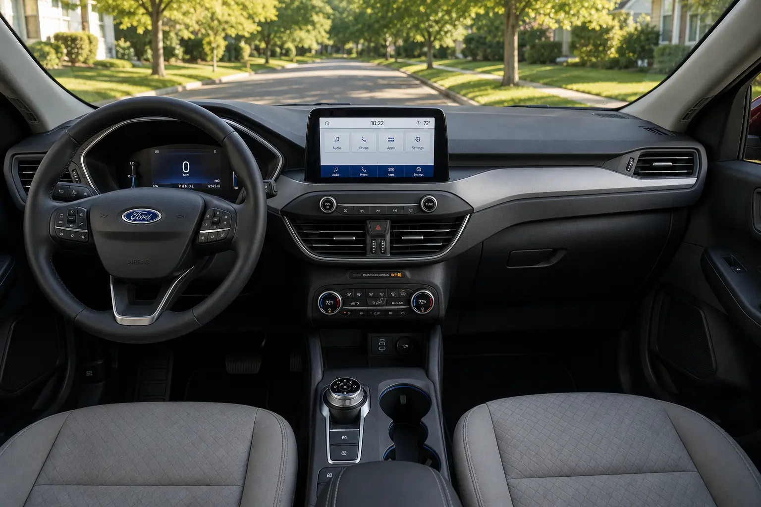 The dashboard and touchscreen of a Ford Escape, lit by natural daylight.