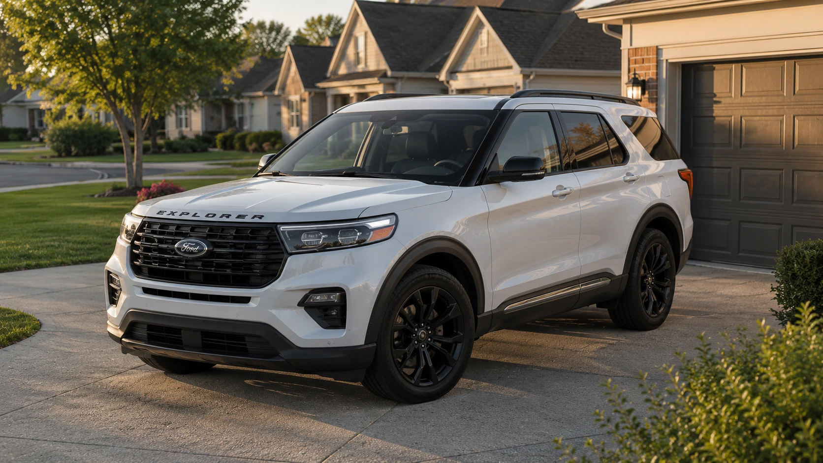 A white 2026 Ford Explorer parked in a suburban driveway in late afternoon light, shot candidly.