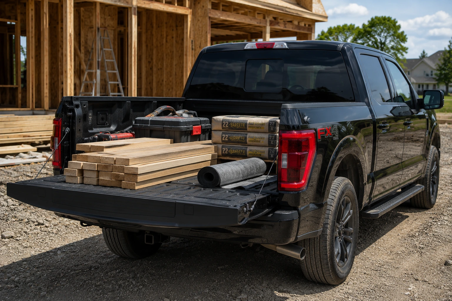 The F-150's bed loaded with construction materials, photographed in natural outdoor light.