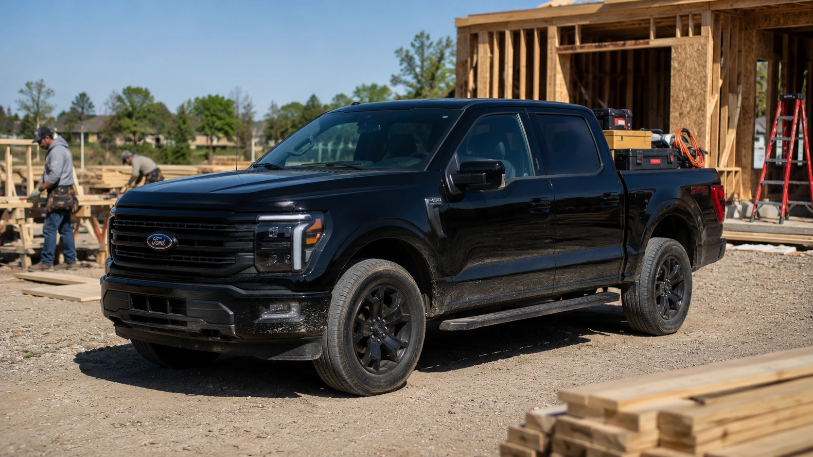 A black 2026 Ford F-150 parked at a job site with tools in the bed, shot candidly in bright daylight.
