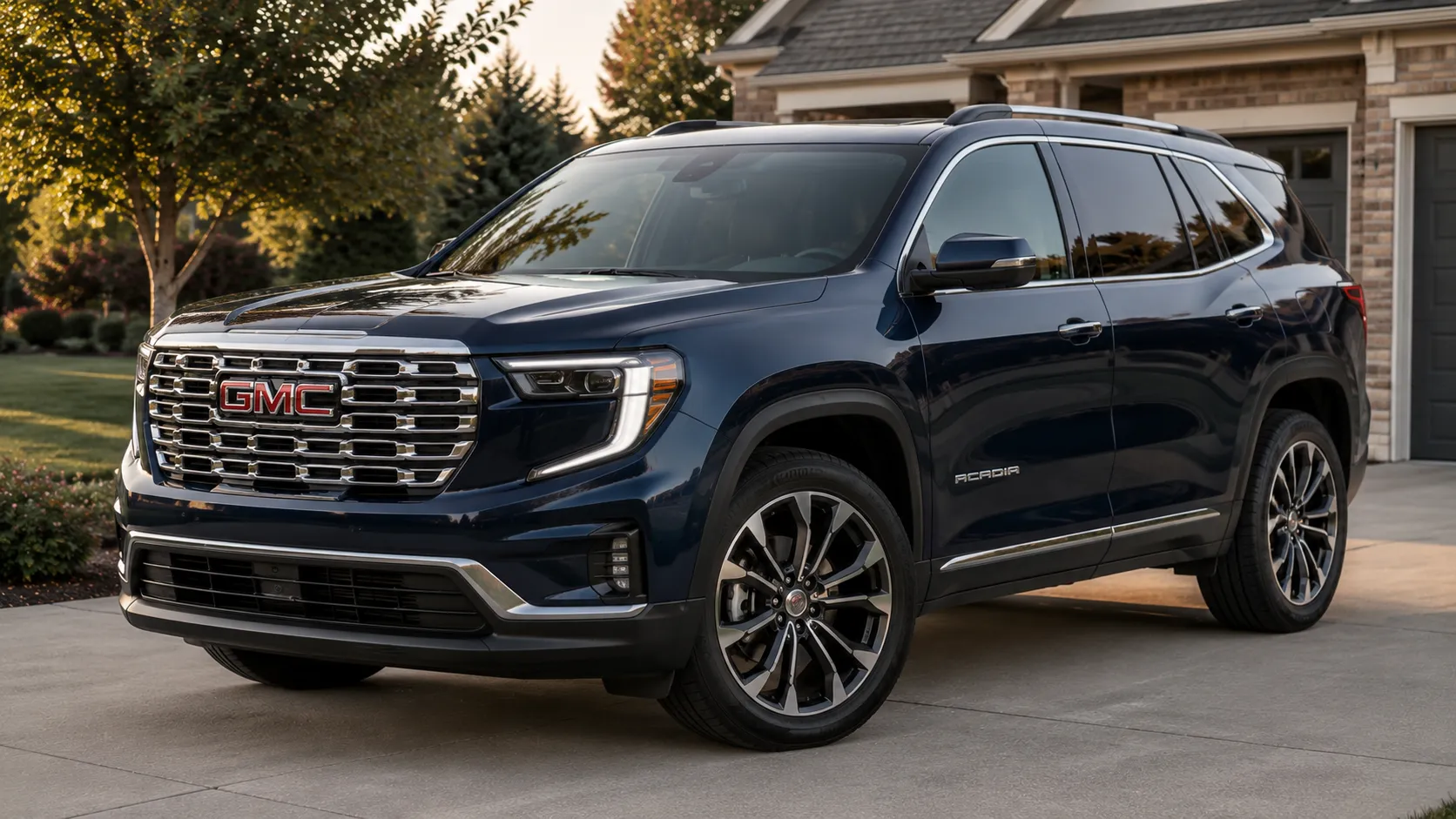 A dark blue 2026 GMC Acadia 3-row SUV parked in a suburban driveway in soft evening light, shot candidly at a three-quarter angle.