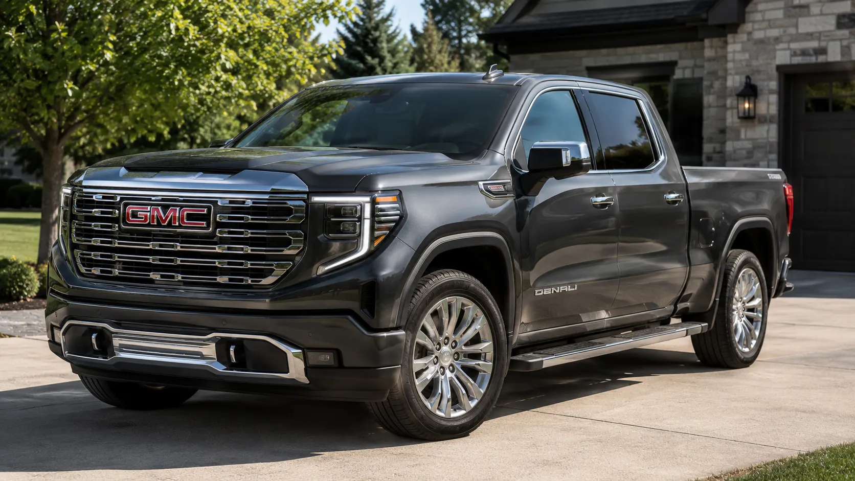 A dark gray 2026 GMC Sierra 1500 Denali pickup truck parked in a driveway in daylight, shot candidly at a three-quarter angle.