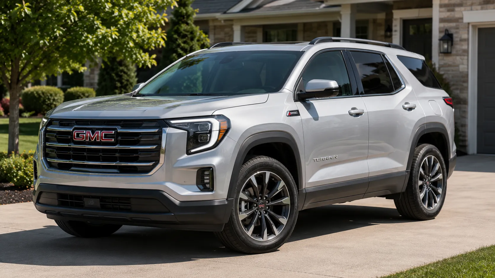 A silver 2026 GMC Terrain crossover parked in a suburban driveway in daylight, shot candidly at a three-quarter angle.