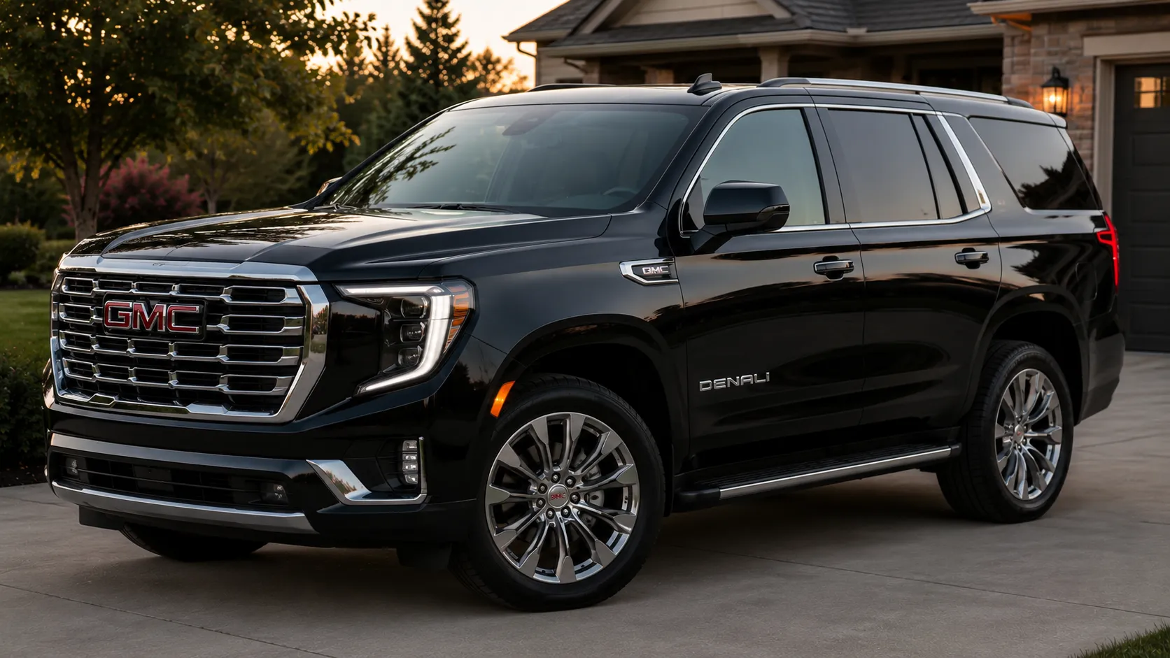 A black 2026 GMC Yukon Denali fullsize SUV parked in a driveway in soft evening light, shot candidly at a three-quarter angle.