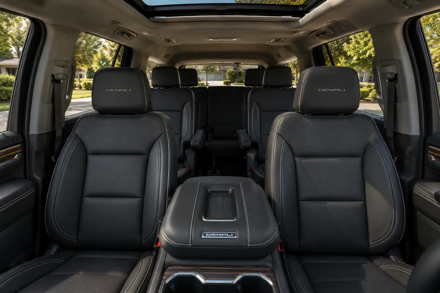 The upscale three-row interior of a GMC Yukon Denali, lit by natural daylight.