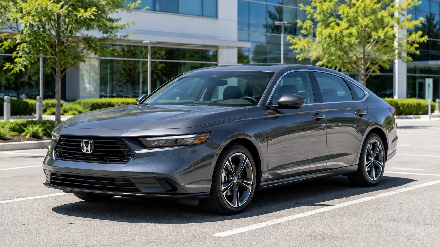 A gray 2026 Honda Accord parked in an office parking lot at midday, shot candidly in natural light.