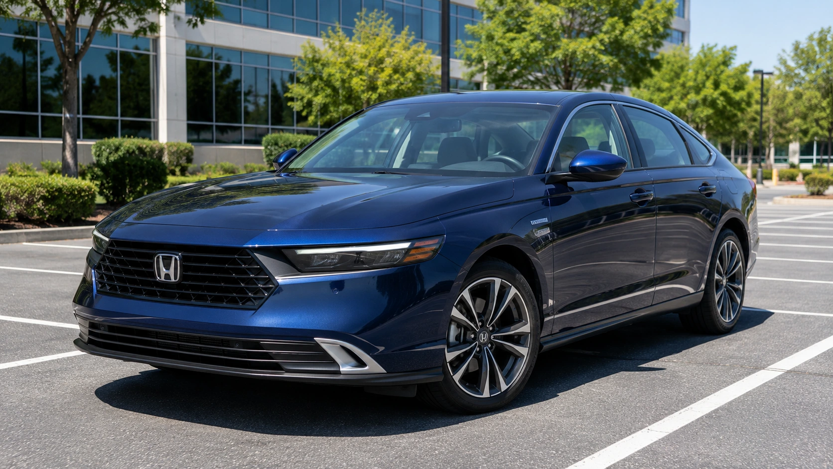 A dark blue 2026 Honda Accord Hybrid sedan parked in an office parking lot in midday light, shot candidly at a three-quarter angle.