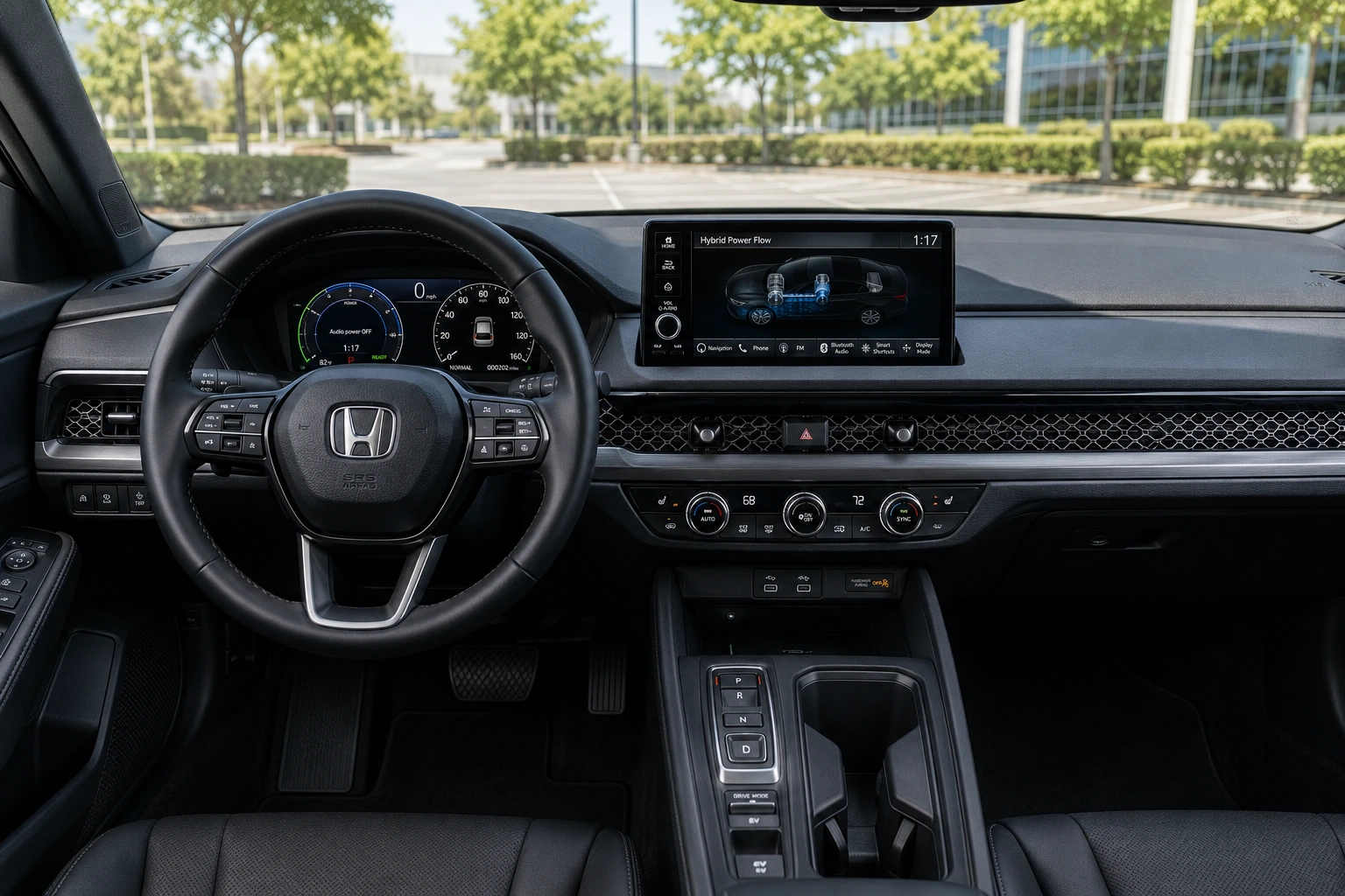 The dashboard and hybrid-system gauge display of a Honda Accord Hybrid, lit by natural daylight.