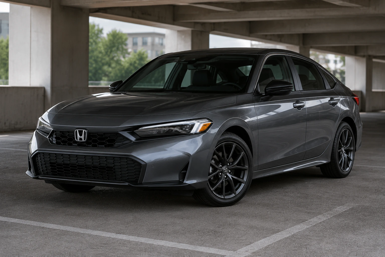 The Honda Civic's front three-quarter view in a parking garage under natural ambient light.