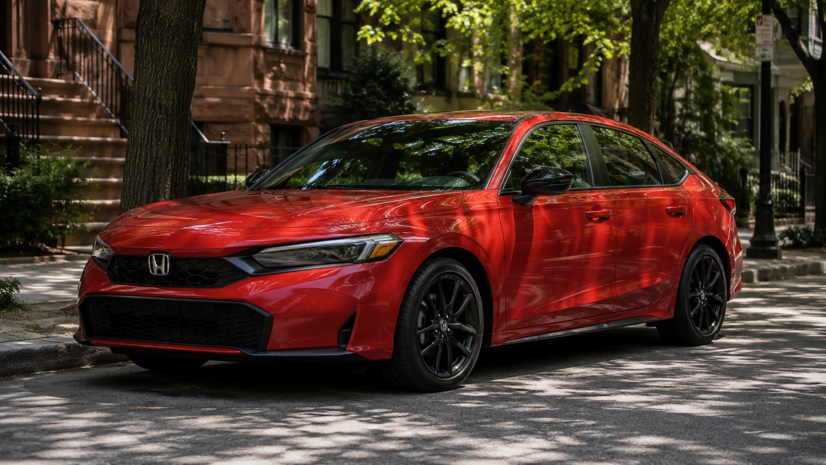 A red 2026 Honda Civic hatchback parked on a tree-lined street in dappled afternoon light, shot in a candid documentary style.