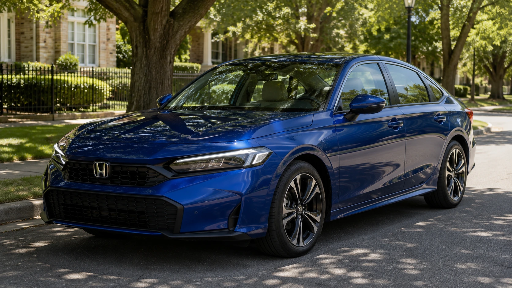 A blue 2026 Honda Civic Hybrid sedan parked on a tree-lined street in dappled afternoon light, shot candidly at a three-quarter angle.