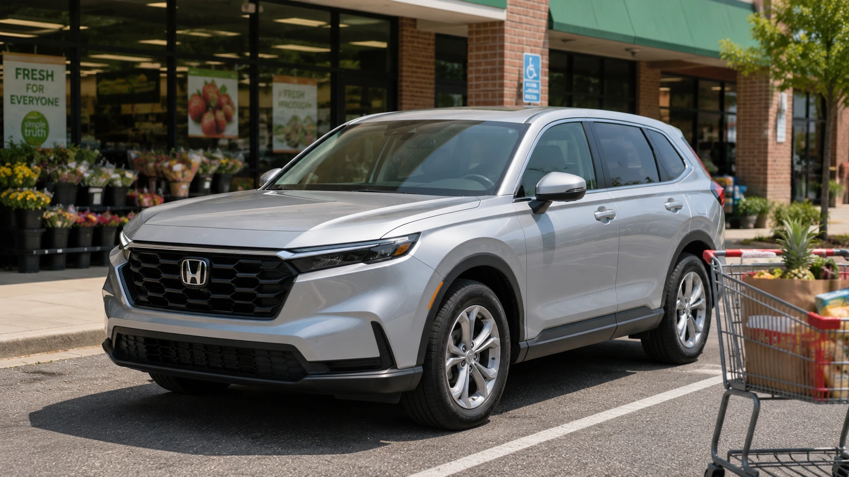 A silver 2026 Honda CR-V parked outside a grocery store in natural daylight, shot candidly with a shopping cart nearby.