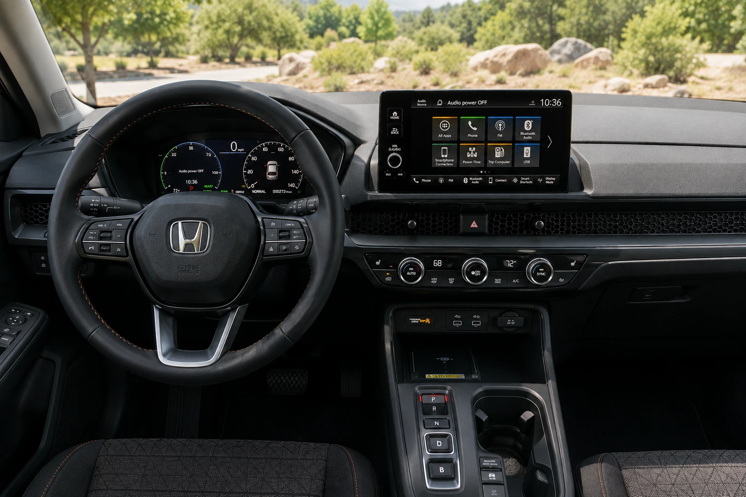 The dashboard and hybrid-system gauge display of a Honda CR-V Hybrid, lit by natural daylight.