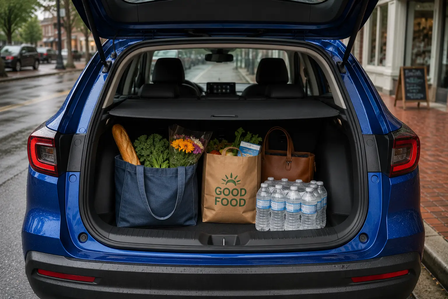 The HR-V's compact rear cargo hatch open, showing everyday groceries in natural light.