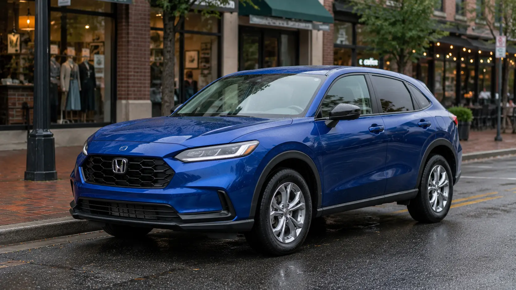 A blue 2026 Honda HR-V parked on a city street near shops, shot candidly in overcast daylight.