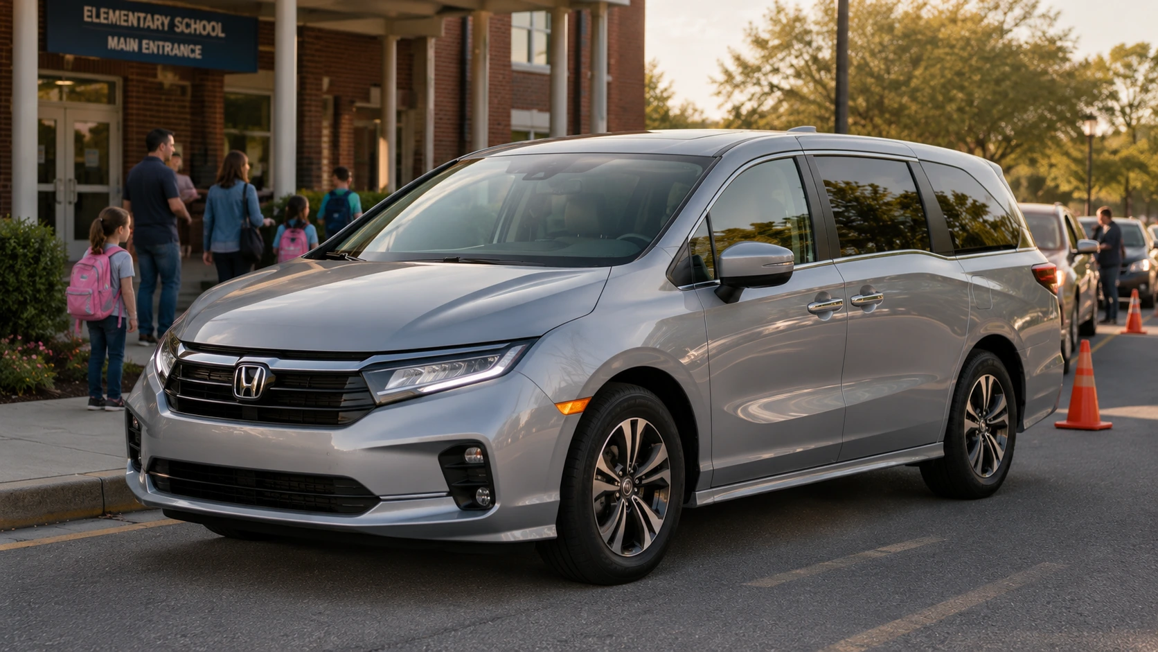 A silver 2026 Honda Odyssey minivan parked in a school pickup line in soft late-afternoon light, shot candidly at a three-quarter angle.