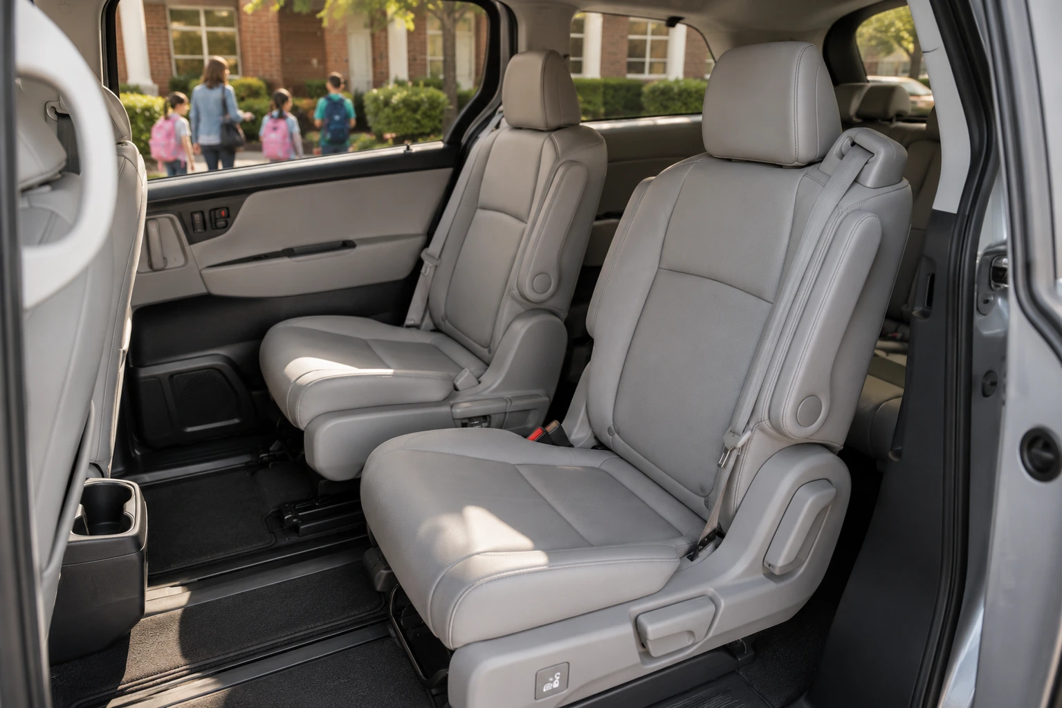 The Honda Odyssey's second-row Magic Slide seats and cabin, lit by natural daylight through the side windows.
