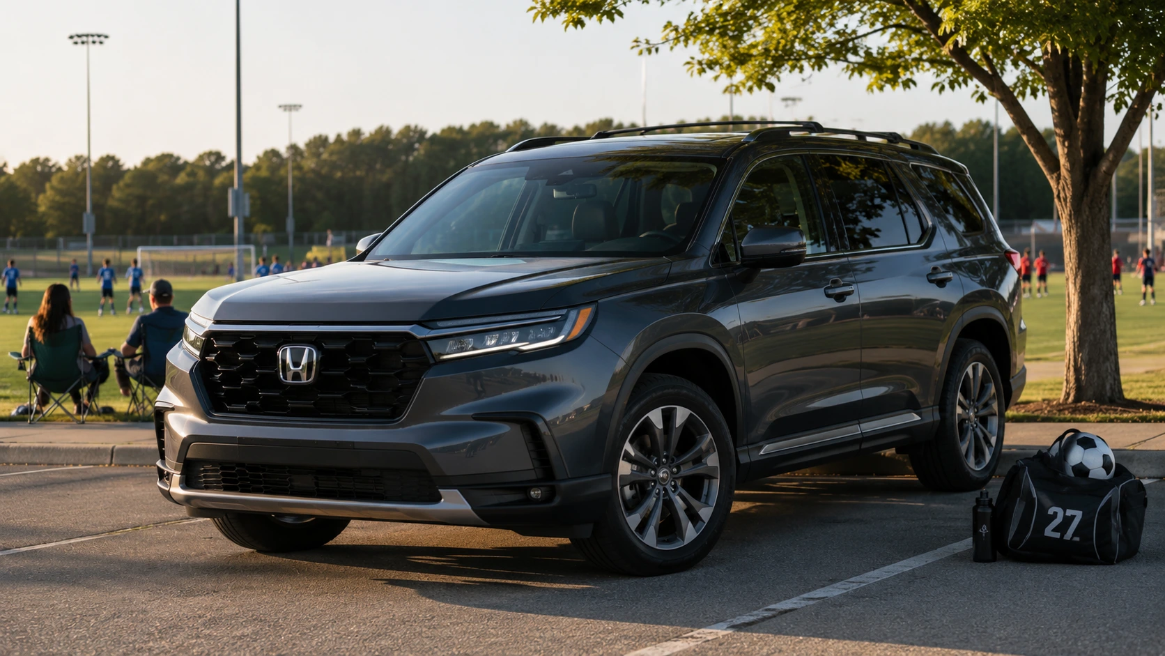 A dark gray 2026 Honda Pilot parked outside a youth sports field in late-afternoon daylight, shot candidly with a soccer bag visible nearby.